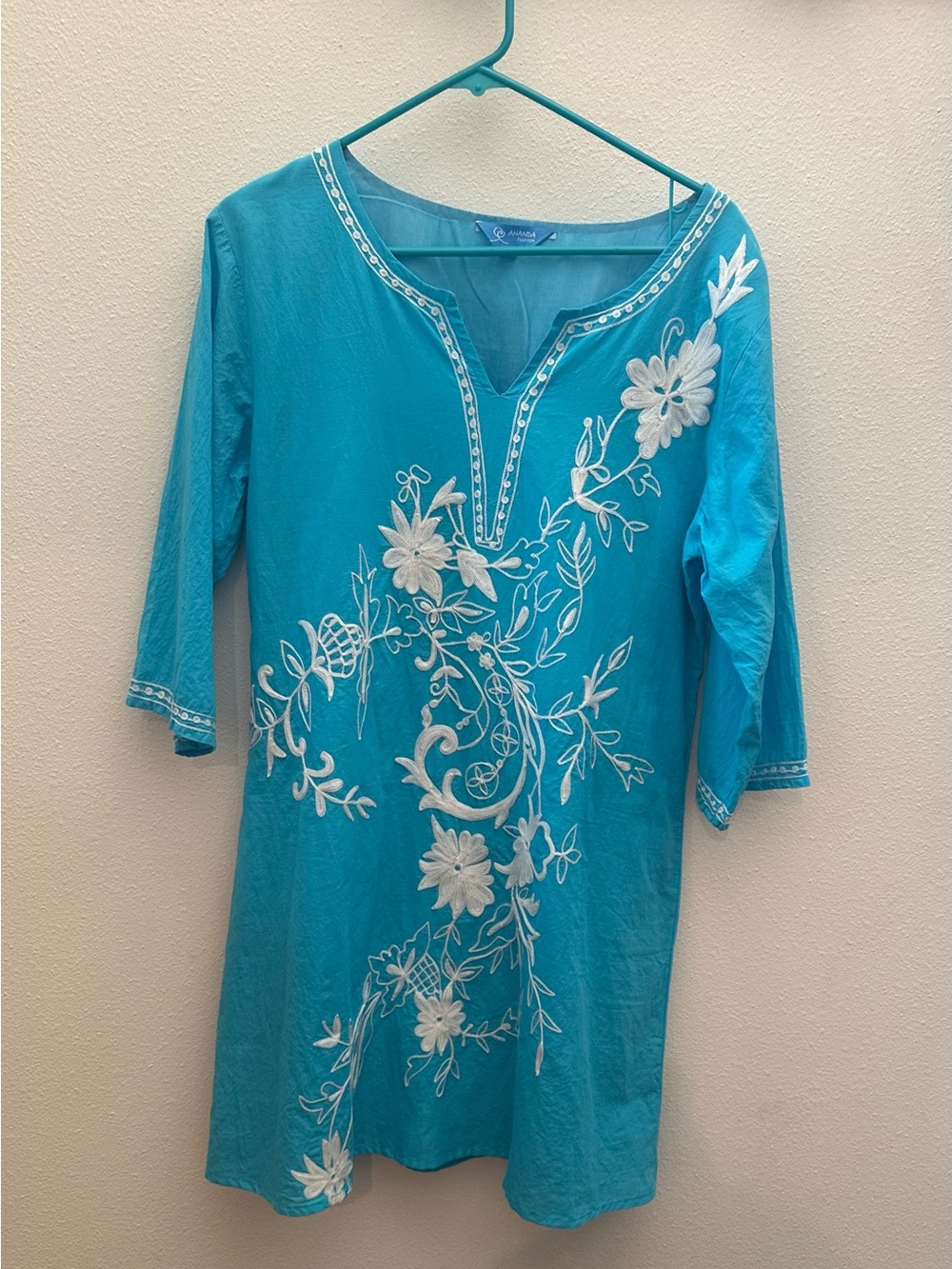 Unbranded Turquoise Long Sleeve Embroidered Tunic Dress